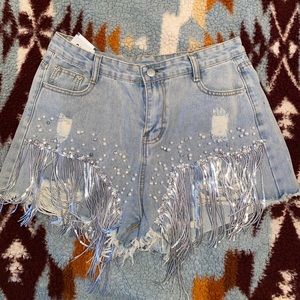 Boutique Sequin Fringe Rhinestone Denim Shorts SIZE 8-10